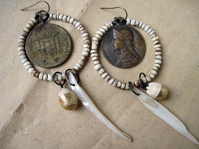 Theomeny. Antique medallions white assemblage earrings.