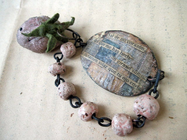 Out of my Heart. Rustic Pink Assemblage Bracelet Velvet Strawberry and Collage.