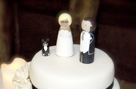 Custom Wedding Cake Toppers with Pet Large Wooden Wood Peg Dolls Bride Groom