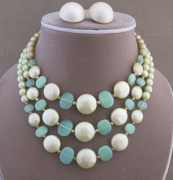 Vintage Aqua Blue Green Beaded Necklace Set Multi Strand