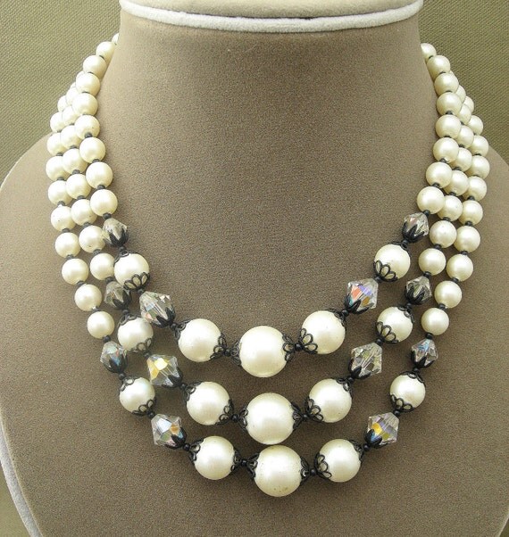 Pearl Crystal Black Lace Vintage Necklace Beaded