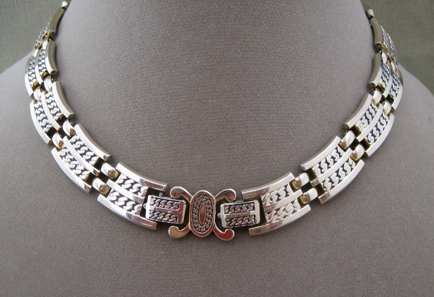 Egyptian Theme Metal Collar Vintage Necklace Signed