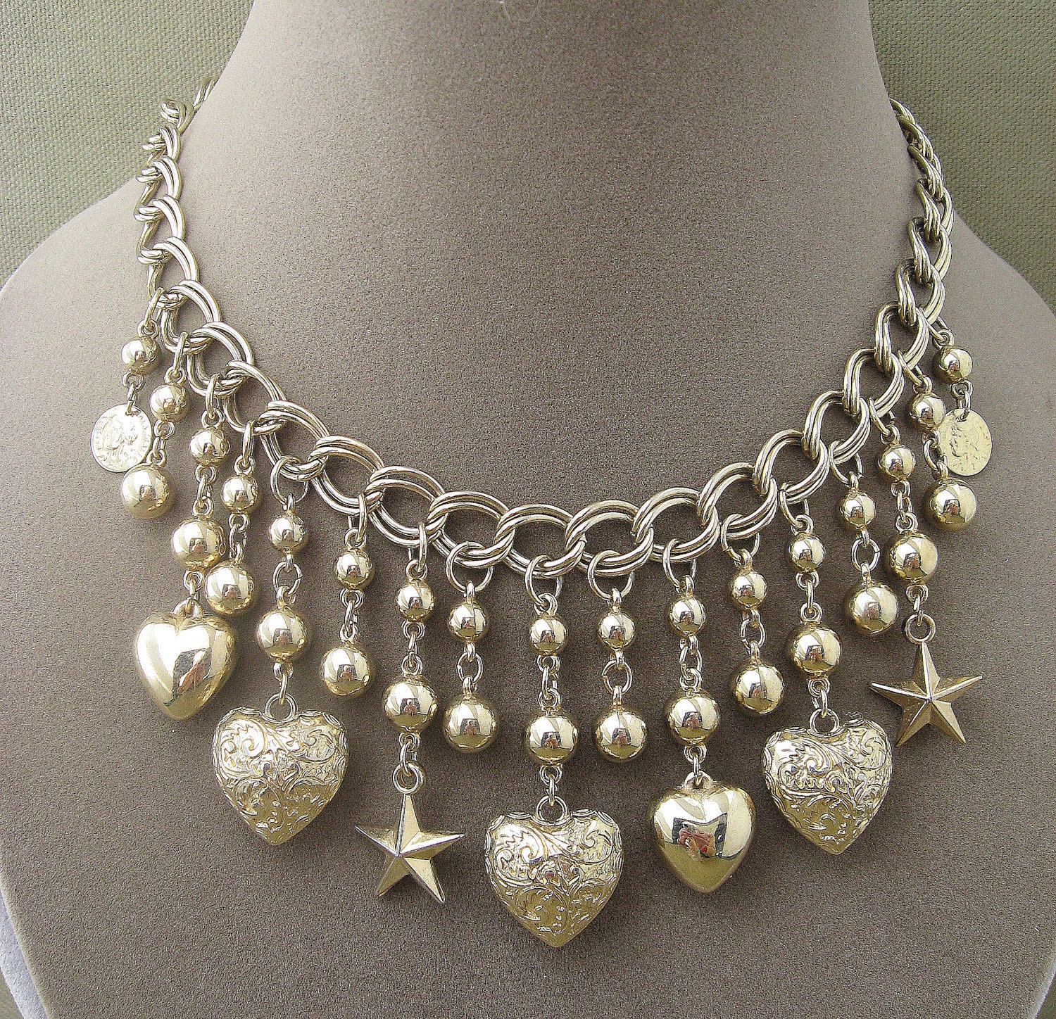 Hearts Charms Chains Necklace Vintage Dangles