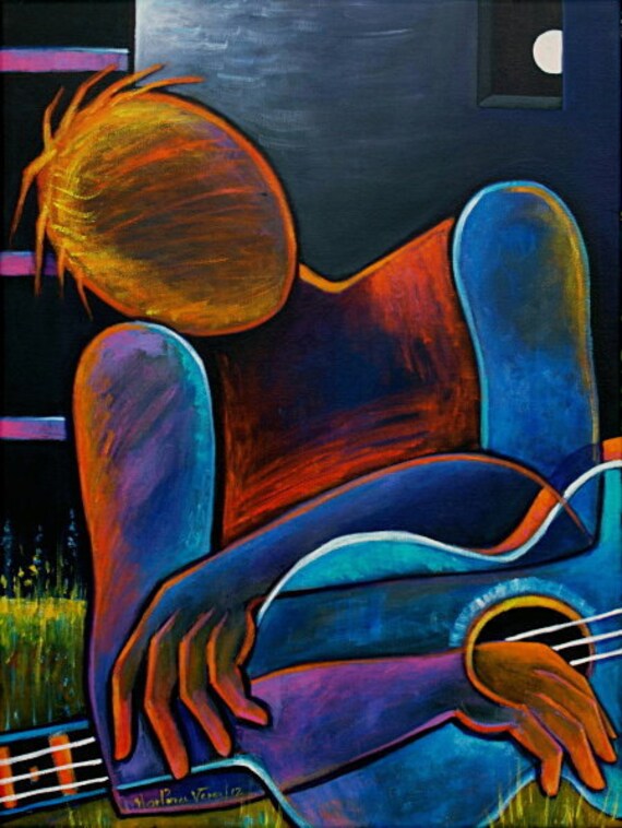 Man with a Blue Guitar Original Modern Abstract Painting Marlina Vera Cubist Art
