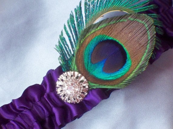 Peacock Feather Dark Purple Rhinestone Accented Bridal Wedding Garter