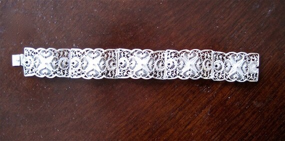 Antique Sterling Silver Openwork Rectangular Station Bracelet - Incredibly Ornate, Very Old Estate Jewelry