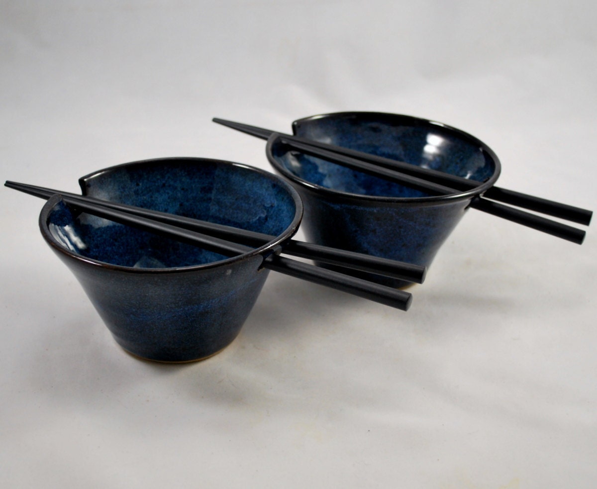 Set of Two Coblat Blue Rice Bowls with Chopstick Rest