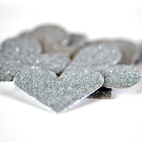 12 Sparkle Glitter Heart Adornments Silver