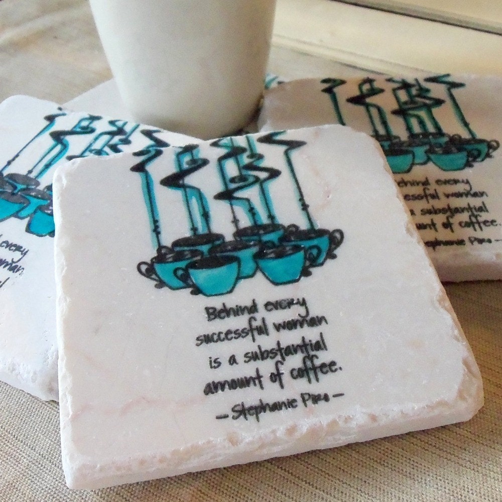 Steaming Hot Coffee Cup Tile Coasters, Set of 4, Azure Blue