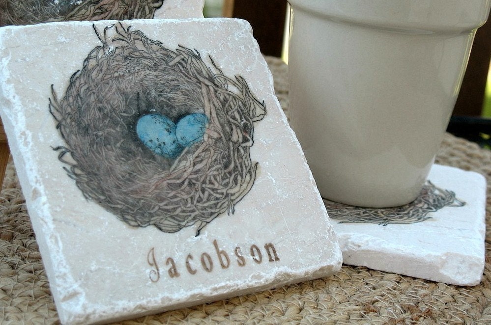 Bird Nest Tile Coasters, Robin's Egg, Set of 4, Personalization Available