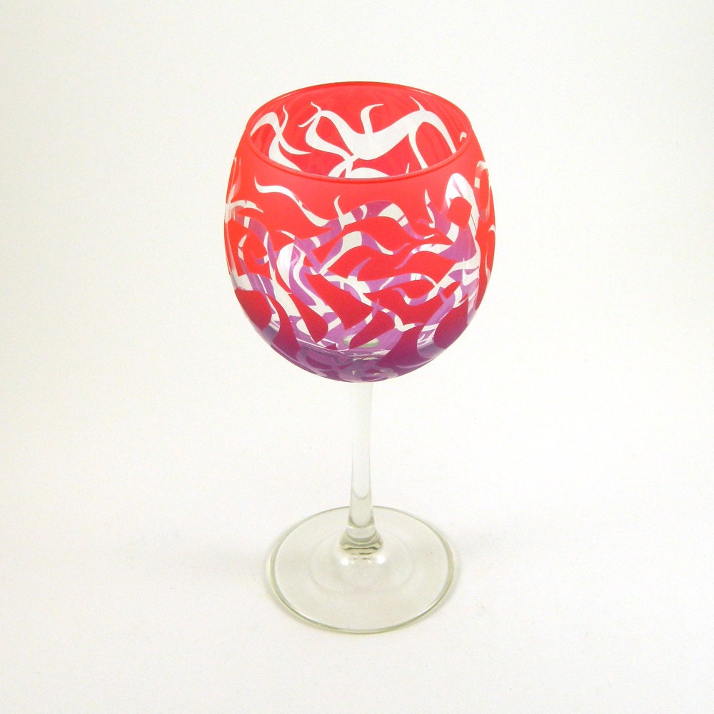 Painted Wine Glass - Chaos Weave - Red and Purple - Custom Painted and Etched Glassware