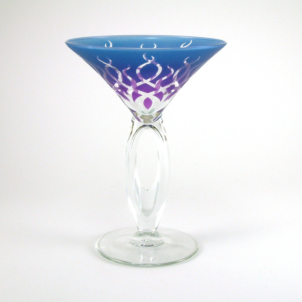 Omega Martini Glasses - Strands - Assorted Color Set of 4 - Etched and Painted Glassware