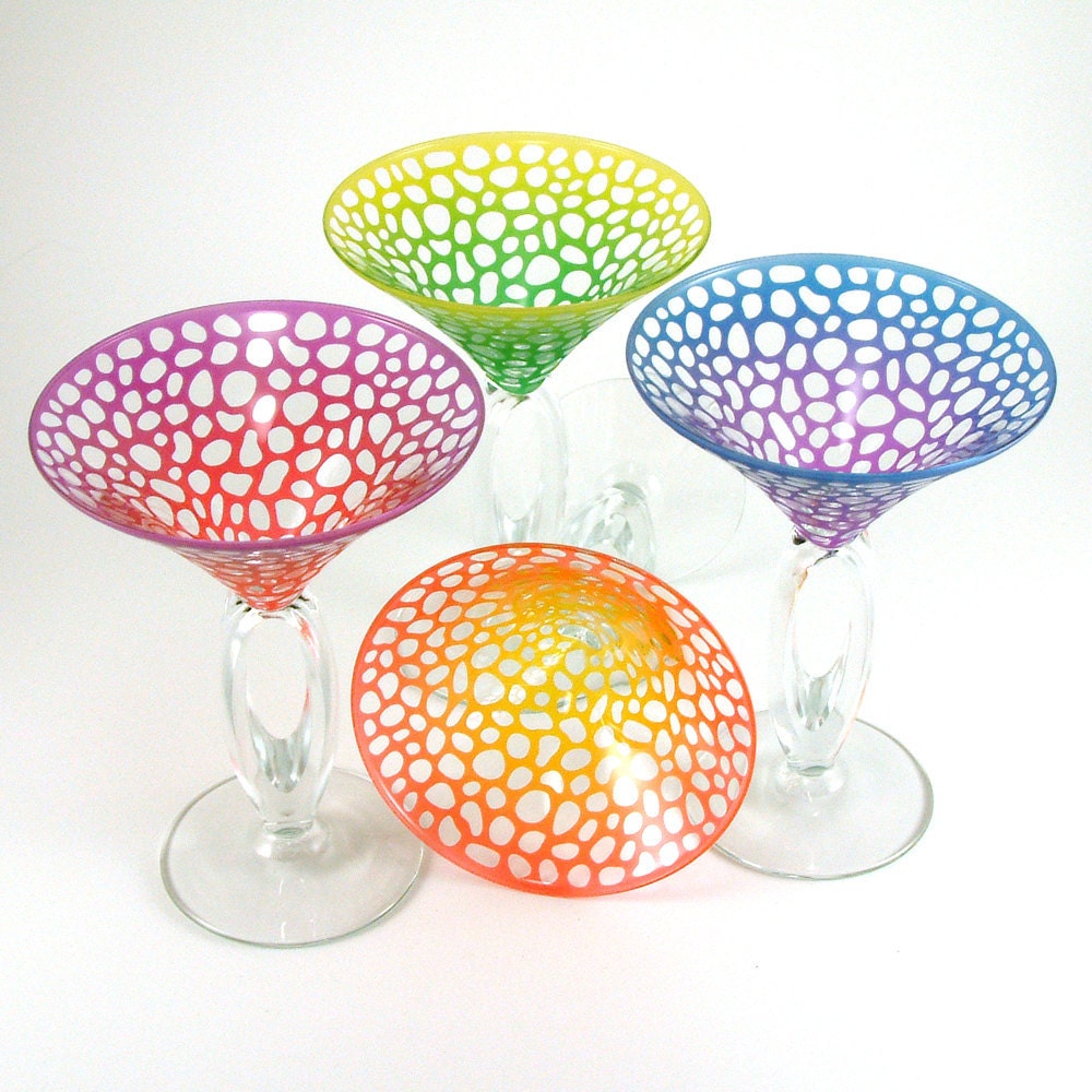 Omega Martini Glasses - River Rocks - Assorted Color Set of 4 - Etched and Painted Glassware