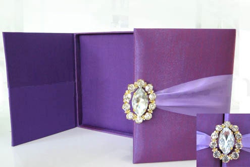 Wedding silk invitation box with large crystal embellishment