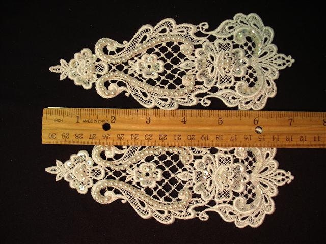 Vintage White Beaded and Sequined Wedding Appliques - 1 Pair (G)