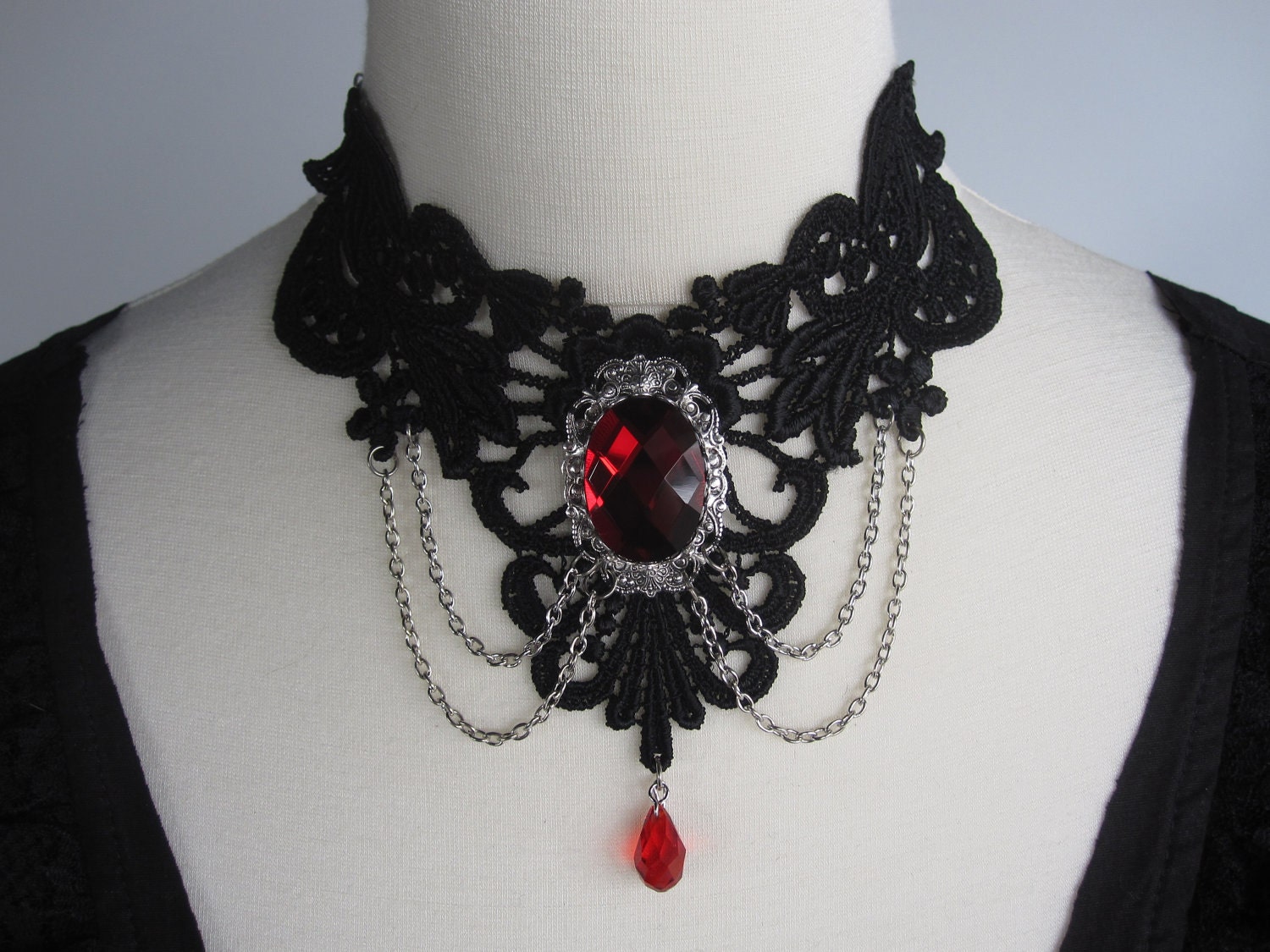 Lace Choker Necklace Black & Red Victorian Gothic Burlesque