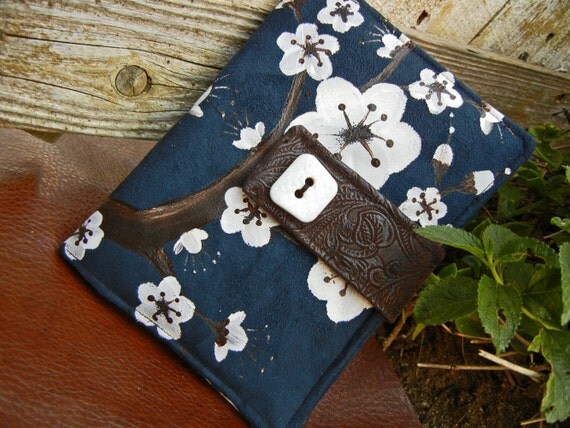 Kindle 4 Wifi Cover, Nook Cover, e-reader Cover-Navy Blue Suede Padded Book Style Cover Hand Painted with Cherry Blossoms