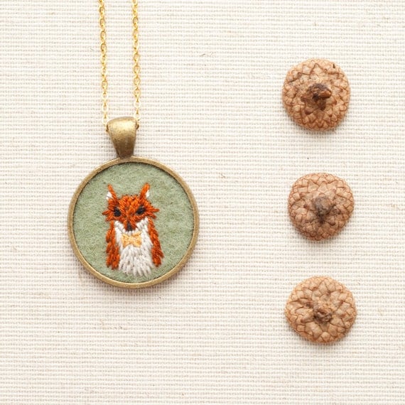 Embroidered Felt Fox Necklace Embroidered Felt Fox Necklace with Bow Tie by KnitKnit