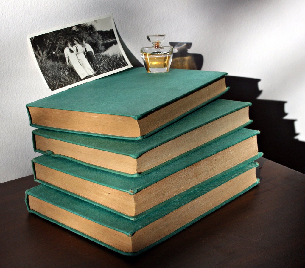 4 Vintage Childrens Books- Teal Home Decor - Photography Prop - Personal Library- Instant Collection