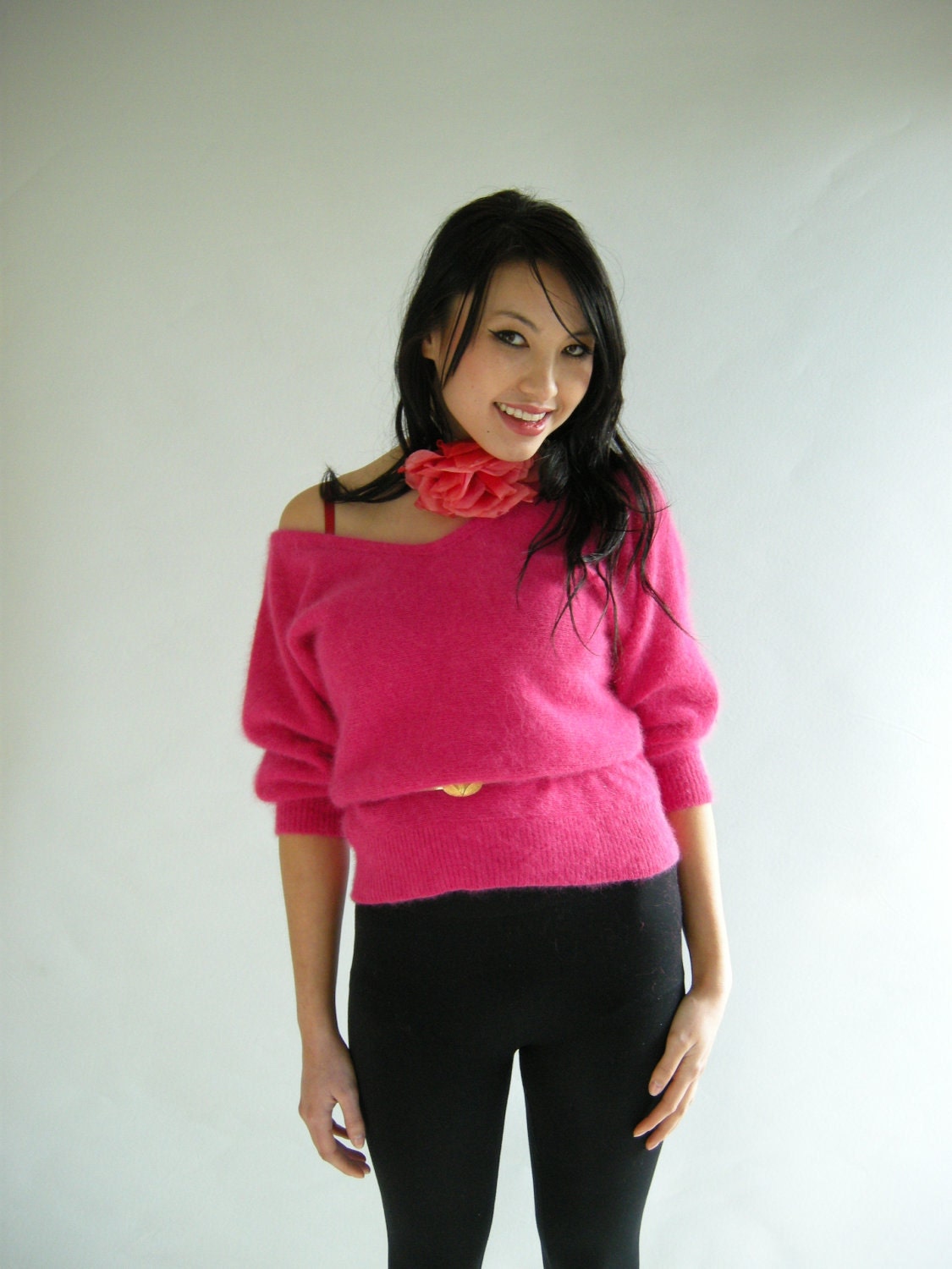 HOT Pink Fluffy Angora Sweater Vintage 80s Deep V by empressjade from etsy.com