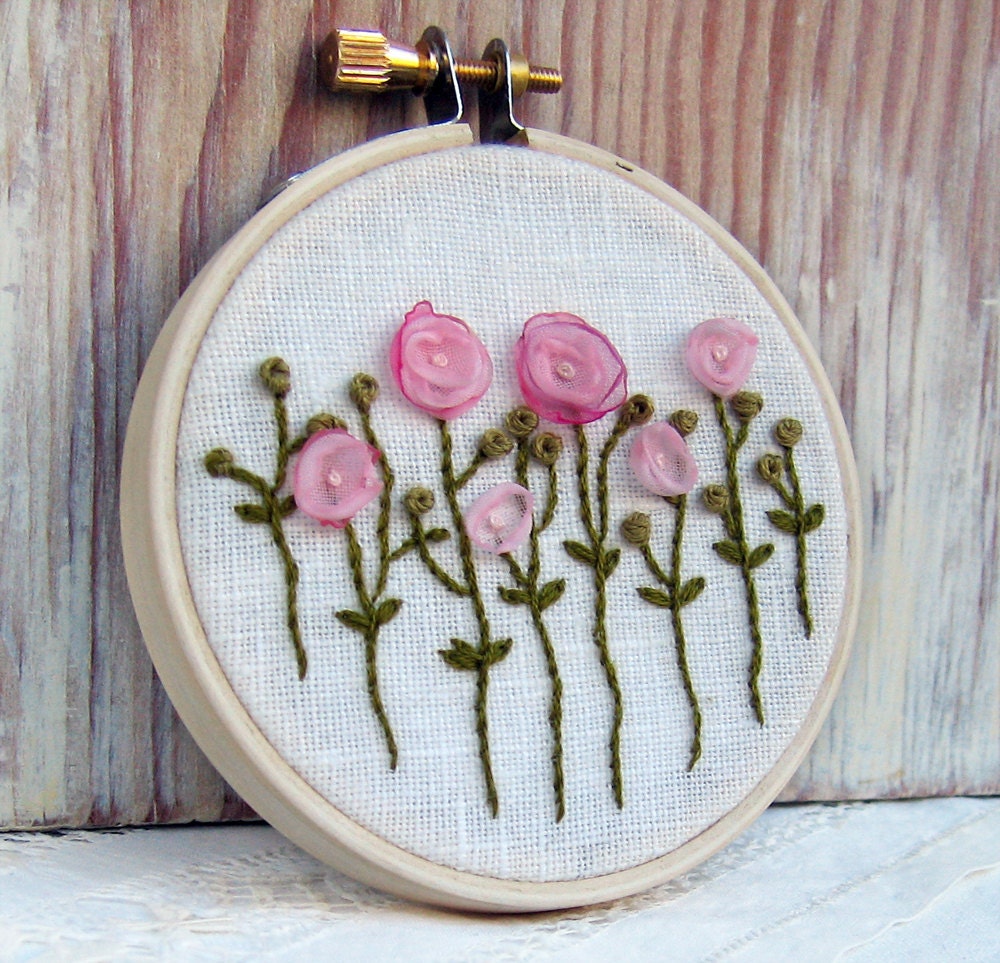 Pink Bloomers - Hand Embroidered Wall Decoration