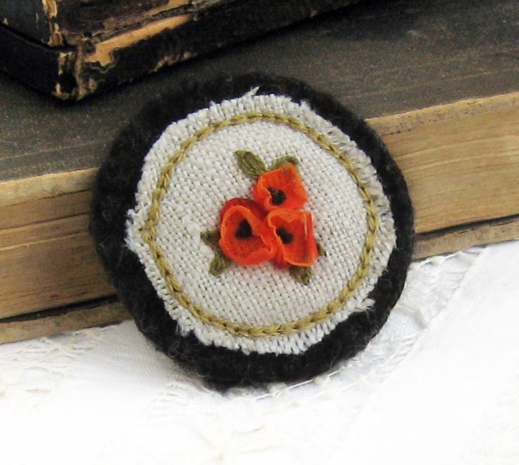 Brooch / Pin Little Orange Poppies Fabric Brooch