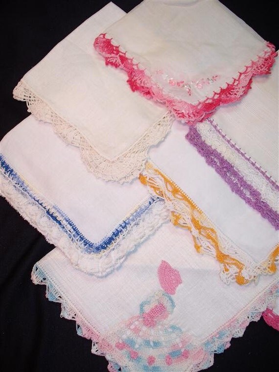 Handkerchiefs Hankies - Vintage Crocheted Edge Assortment of 7 (E) - Hanky Panky