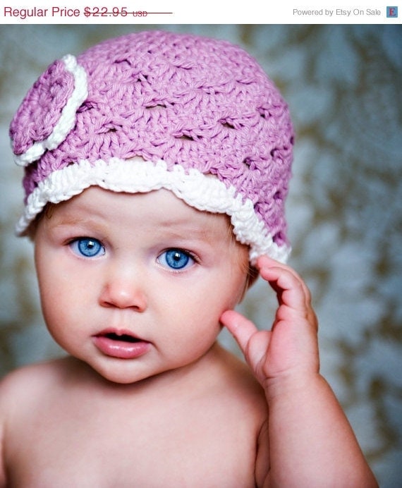 On Sale 6-12 Month Crochet Beanie With Flower - mauve, eggshell, mauve