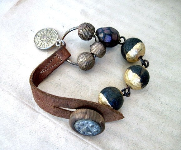 The End of Greatness. Rustic Bracelet with Leather Strap and Gold Foiled Agate Beads.