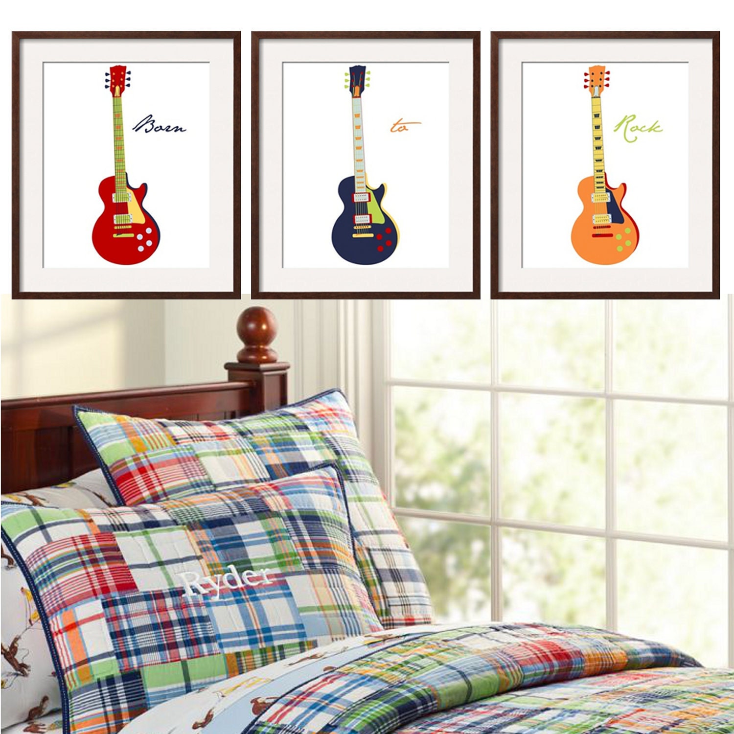 Guitar Prints Nursery -Toddler Wall Art in navy red orange yellow blue 3 pc 11x14 Matches Pottery Barn Madras bedding. By YassisPlace.
