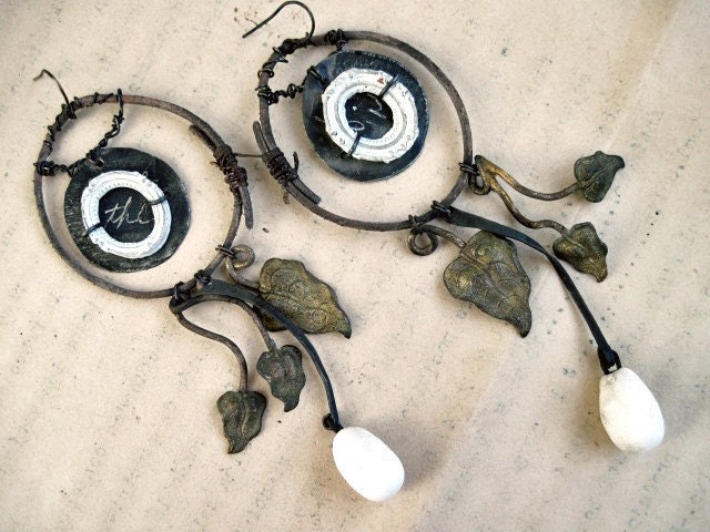 Self-thinking. Rustic Victorian Tribal Earring Assemblage with Golden Foil.