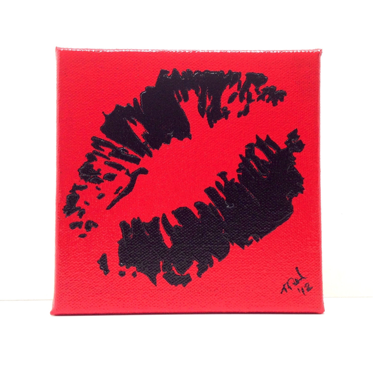 Pop Art, Graffiti Kiss, Lips, Black on Red Painting