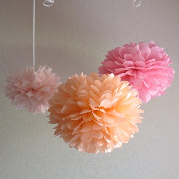 Peachy Pink Tissue Paper Pom Poms - 7 Piece Set - More Colors Available