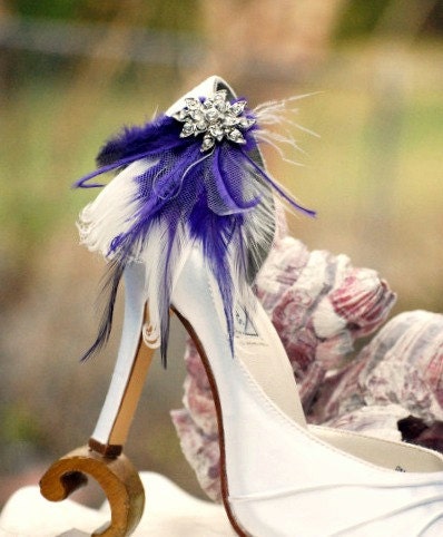 Shoe Clips Ivory Royal Purple Feathers Rhinestone Bride Bridal Bridesmaid