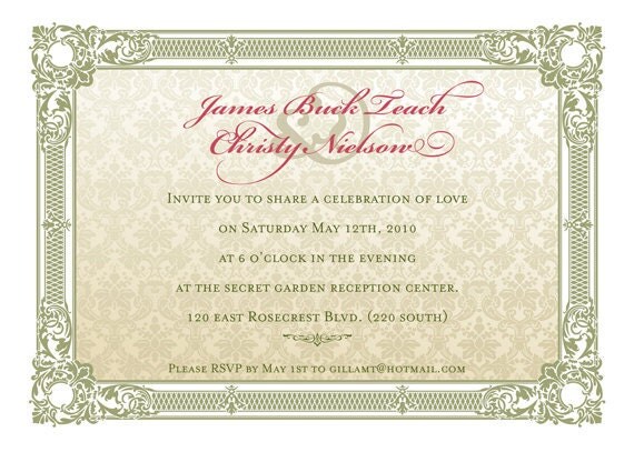 vintage border wedding invitation faded damask background sage green 