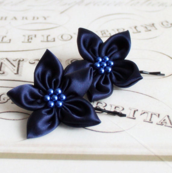 2 Navy Bridal Bobby Pins with Pearls and 5 Petal Satin Flowers