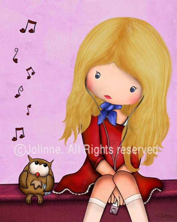 Children room decor wall art for girls owl music , nursery wall hanging , archival reproduction art print