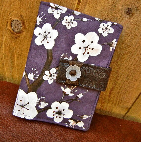 Kindle Fire Cover, Nook Cover, e-reader Cover-Aubergine Suede Padded Book Style Cover Hand Painted with Cherry Blossoms