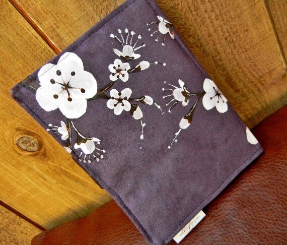 Kindle Fire Cover, Nook Cover, e-reader Cover-Aubergine Suede Padded Book Style Cover Hand Painted with Cherry Blossoms