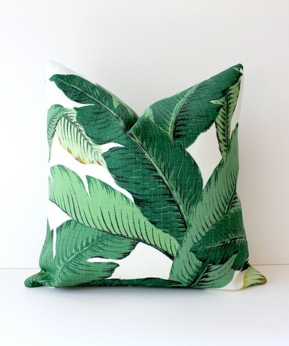 Green Floral Decorative Designer Pillow Cover 18x18 NEW Accent Cushion Tropical Palm fronds Leaves nature jungle white forest modern Resort