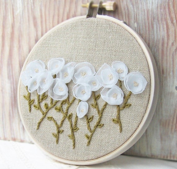 White Flowers Embroidered Fiber Art Wall Hanging stitched on natural linen