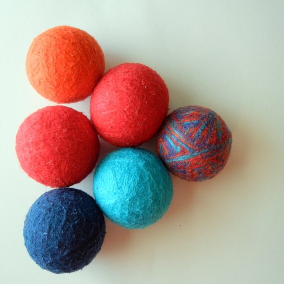 100% Wool Dryer Balls, felted, carnival colors, mardi gras, eco-friendly, ART Series, set of 6