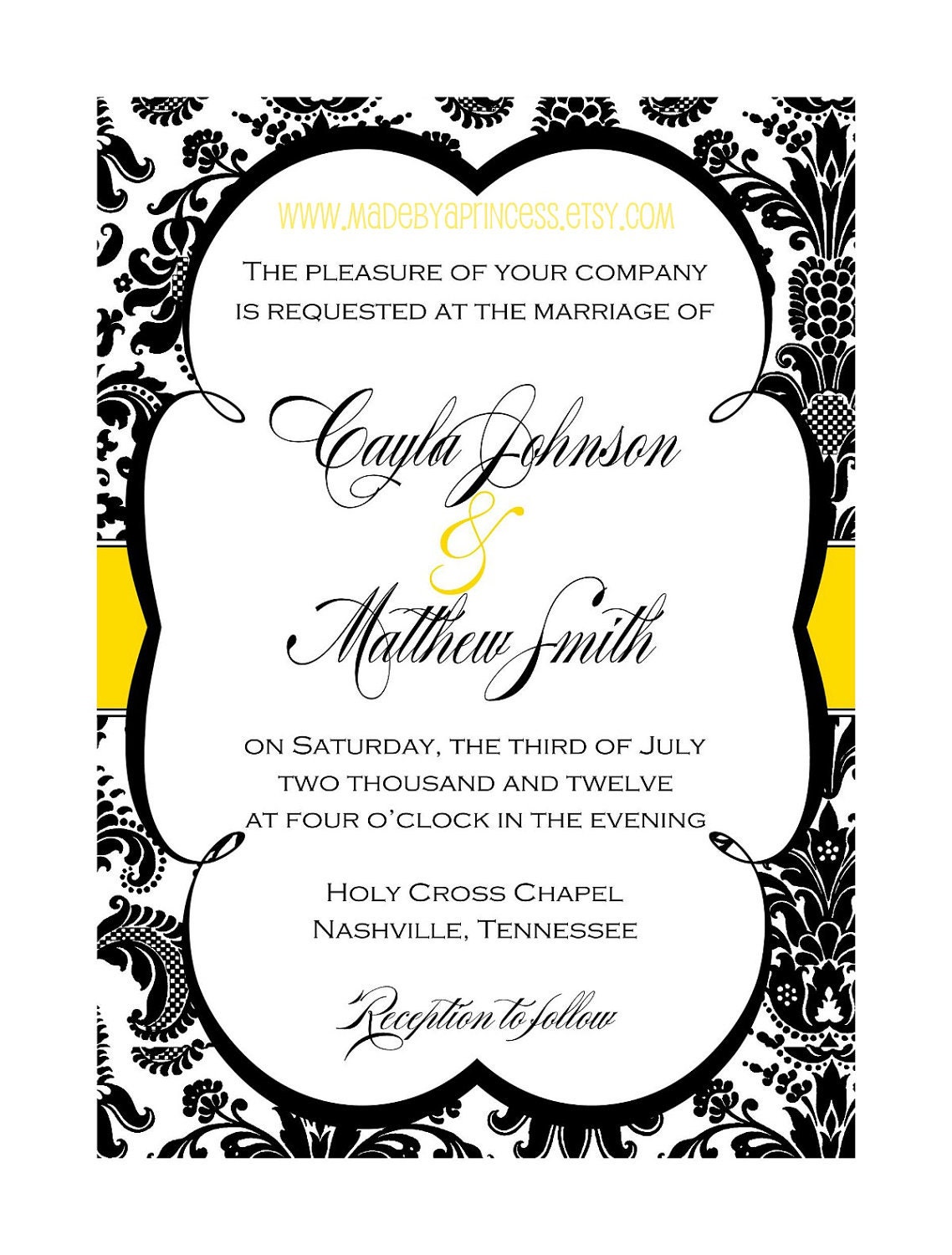 Wedding Invitation Printable Black and White Damask with Yellow CHOOSE