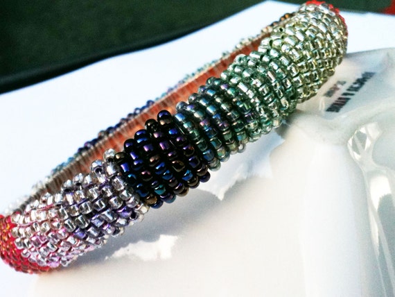 Rainbow seed bead wrapped bangle bracelet - Free Shipping