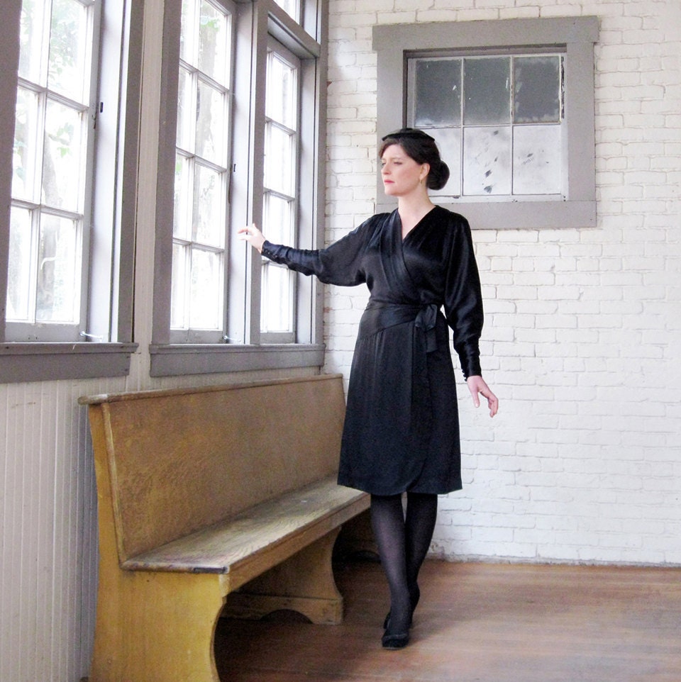 1930s 40s dress  Black Satin Wrap dress Lovely Fanya 40s 30s dress  size M