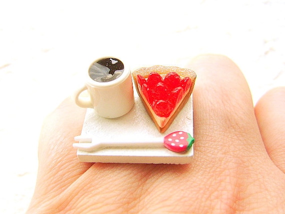 Coffee  Ring  Kawaii Strawberry Pie Miniature Food Jewelry