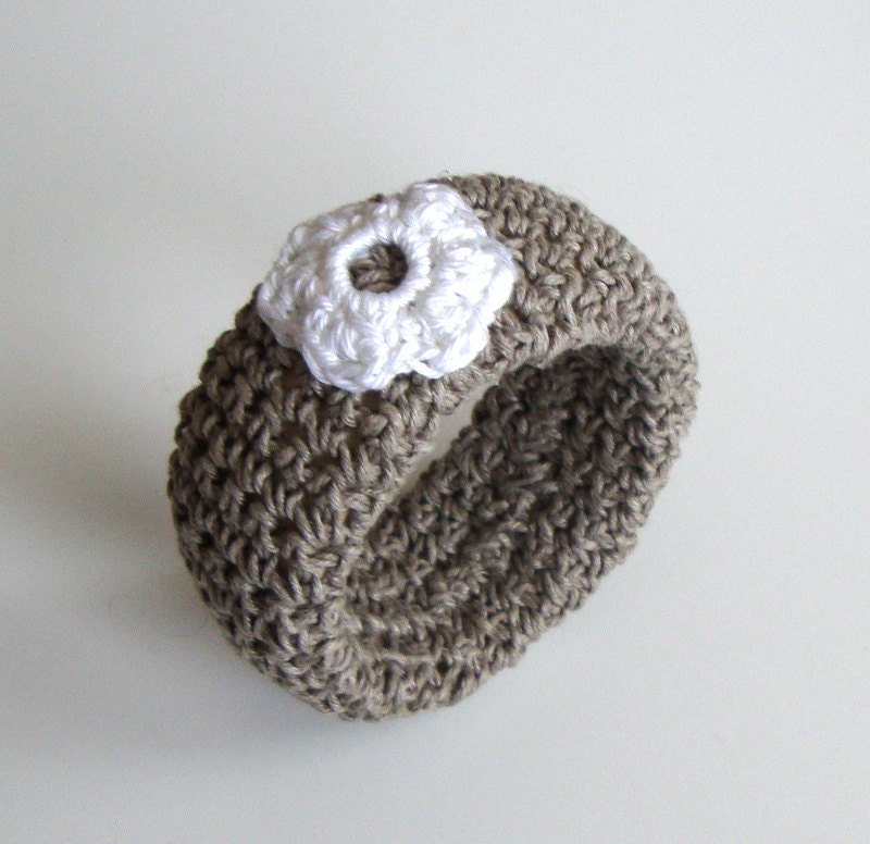 SALE 30% OFF Linen crocheted bangle with white flower eco style fashion jewelry