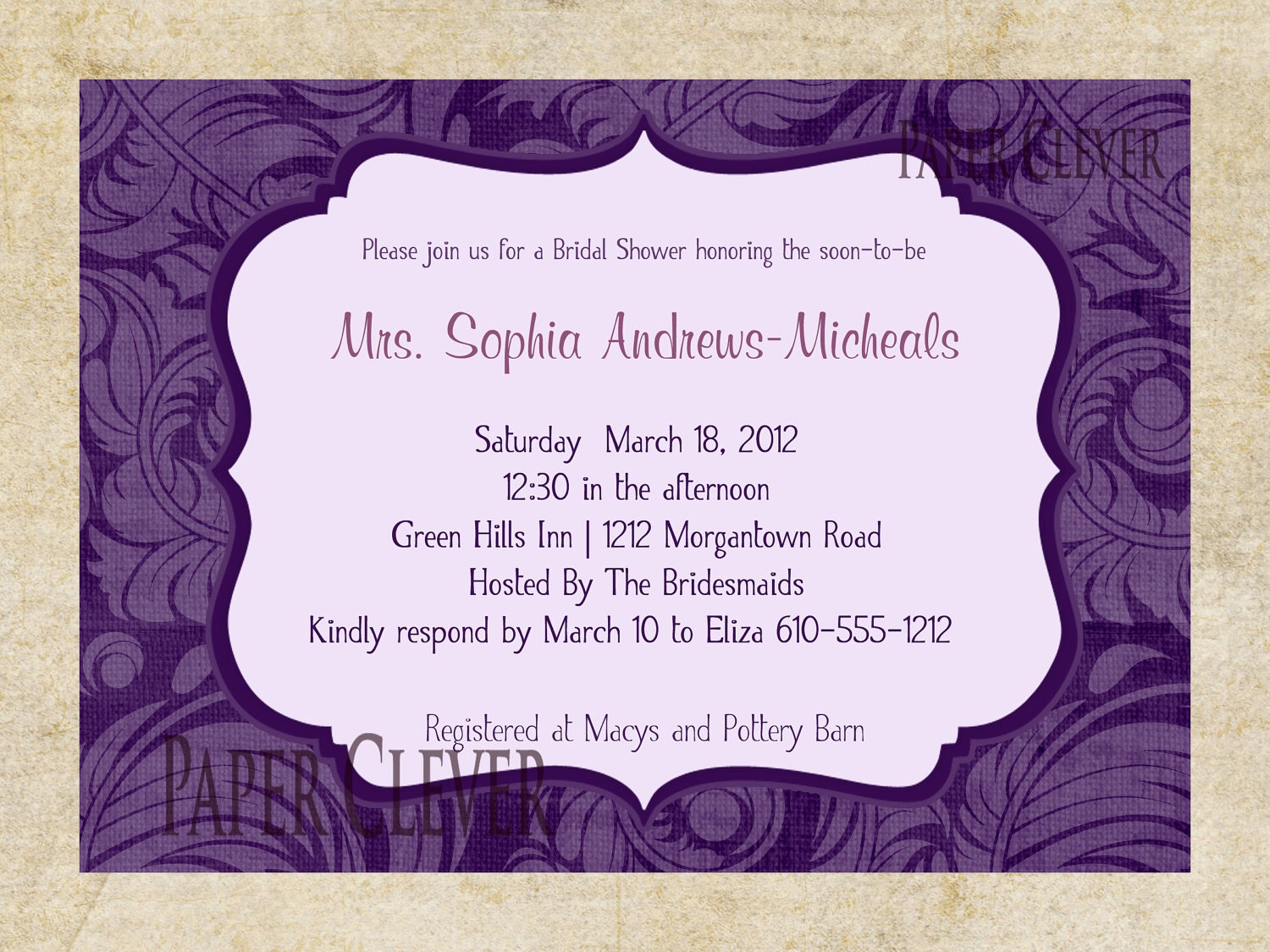 Bridal Shower Invitation Modern Purple Swirl digital fileprintable