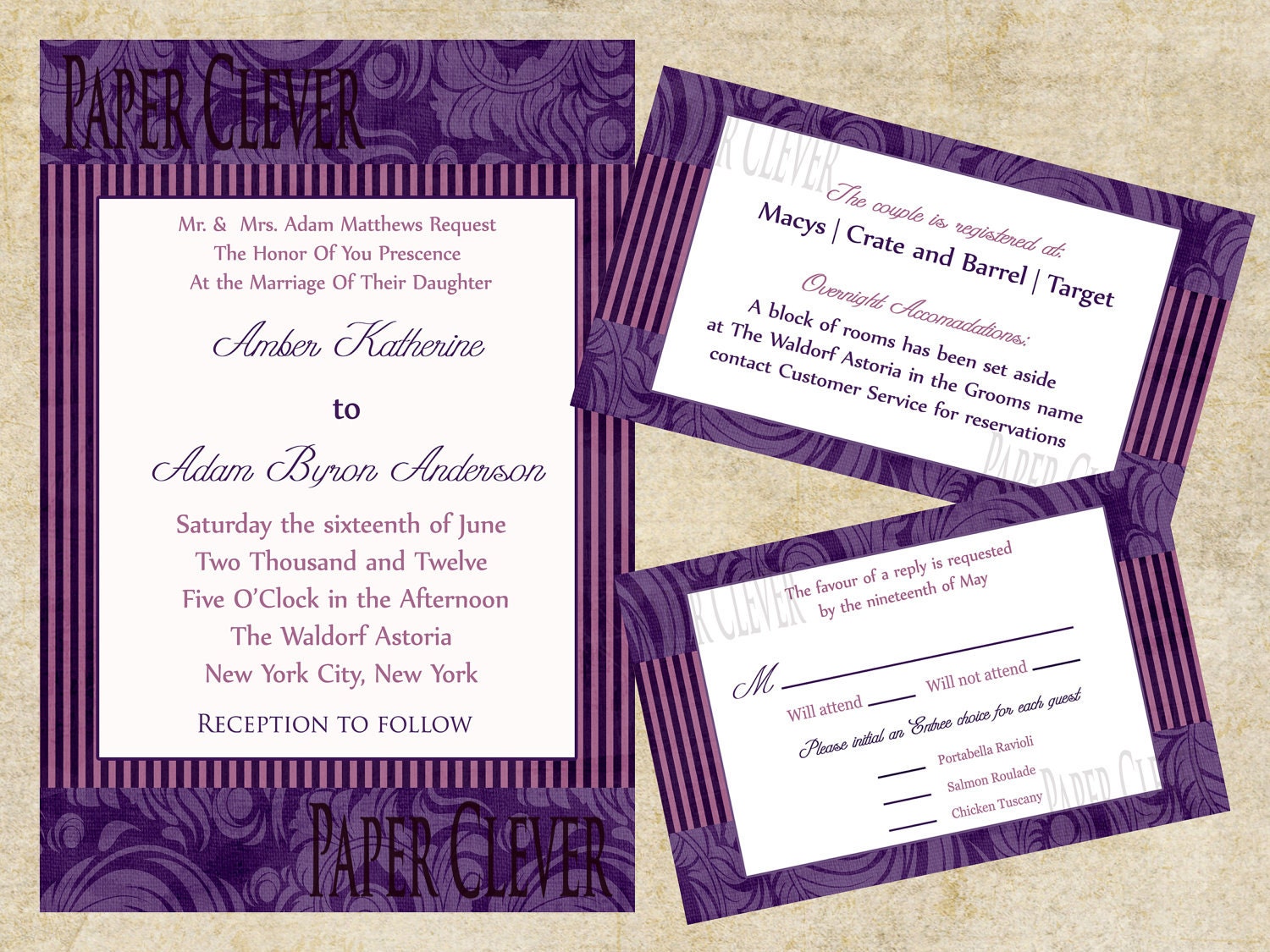 Wedding Invitation Modern Purple Swirl with Stripe 3 pack Invitation 