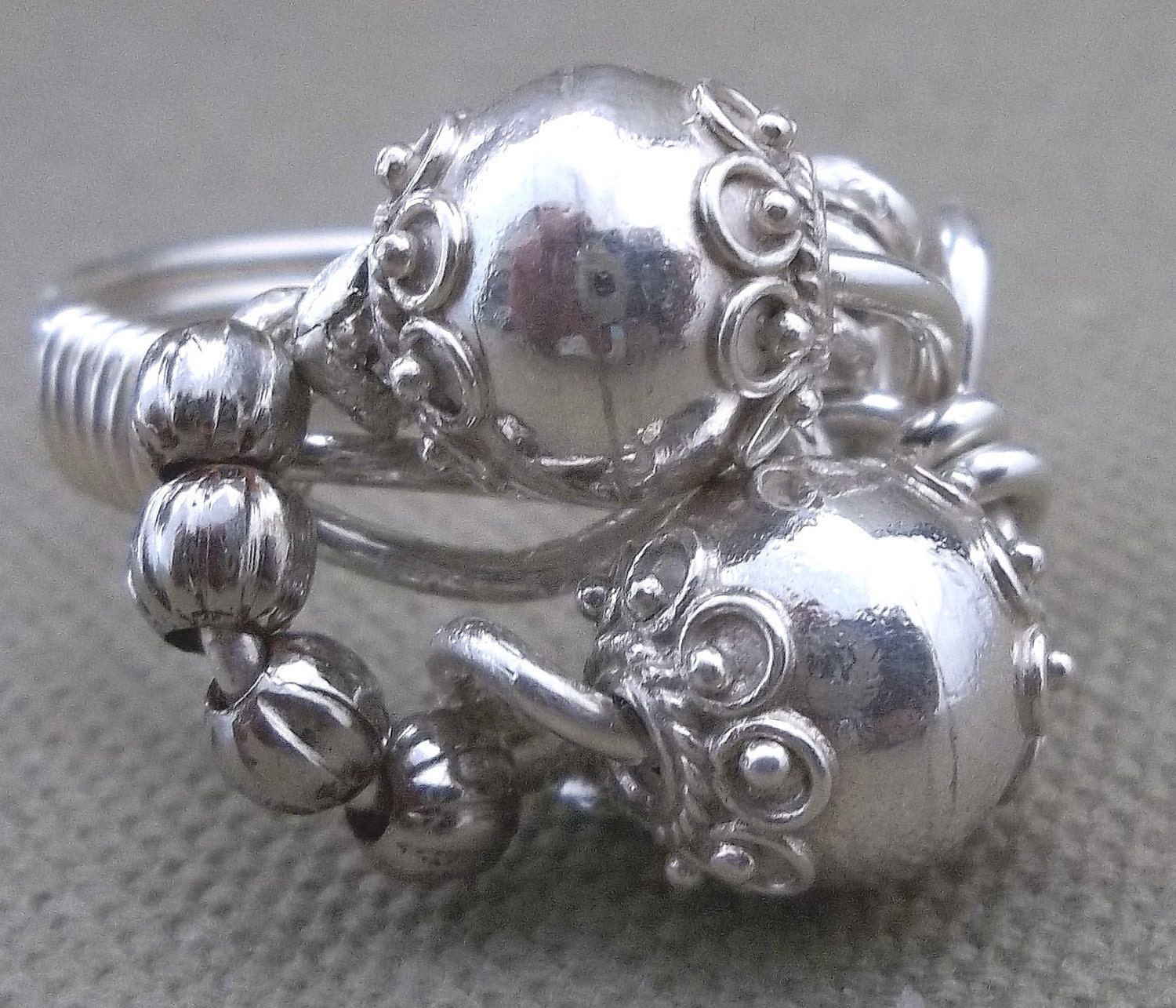 Sterling Silver Ring Beaded Wire Wrapped